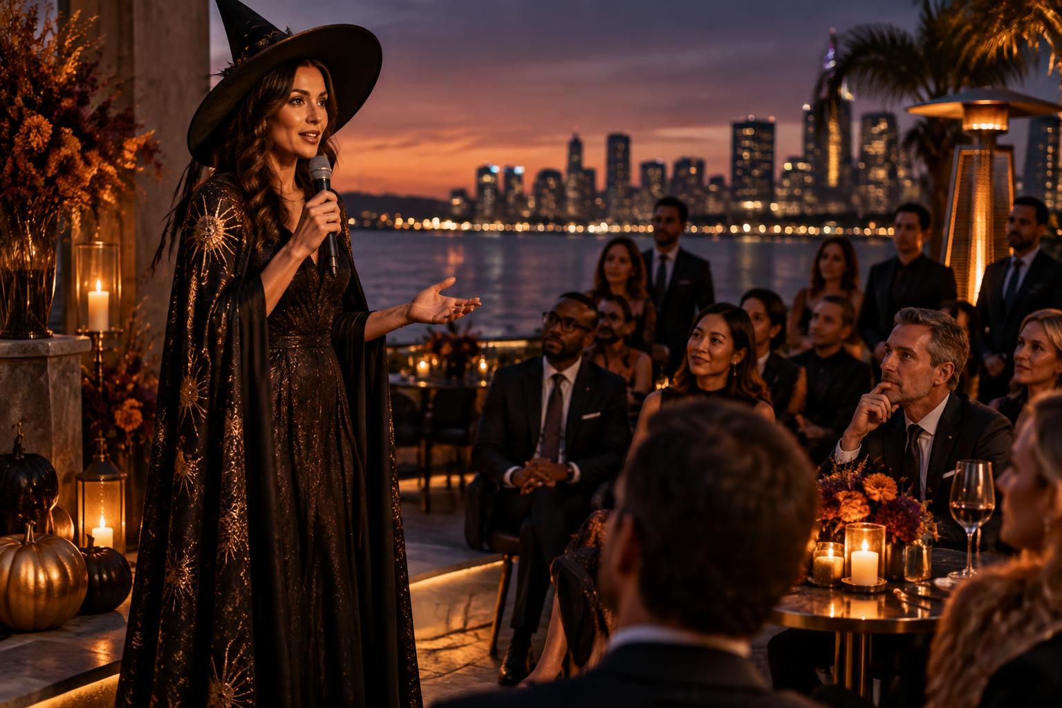 A founder pitching to investors at an elegant Halloween waterfront event